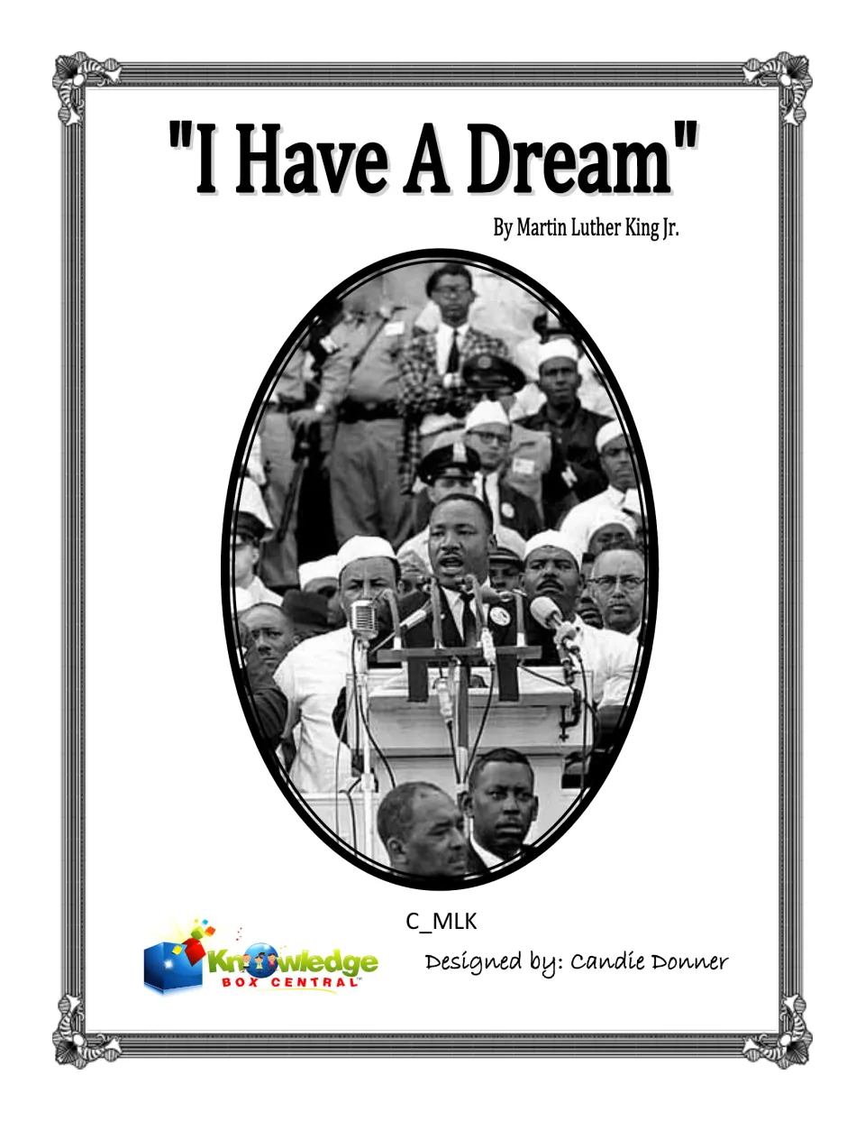Copywork notebook cover titled "I Have A Dream," naming Martin Luther King Jr. and designer Candie Donner