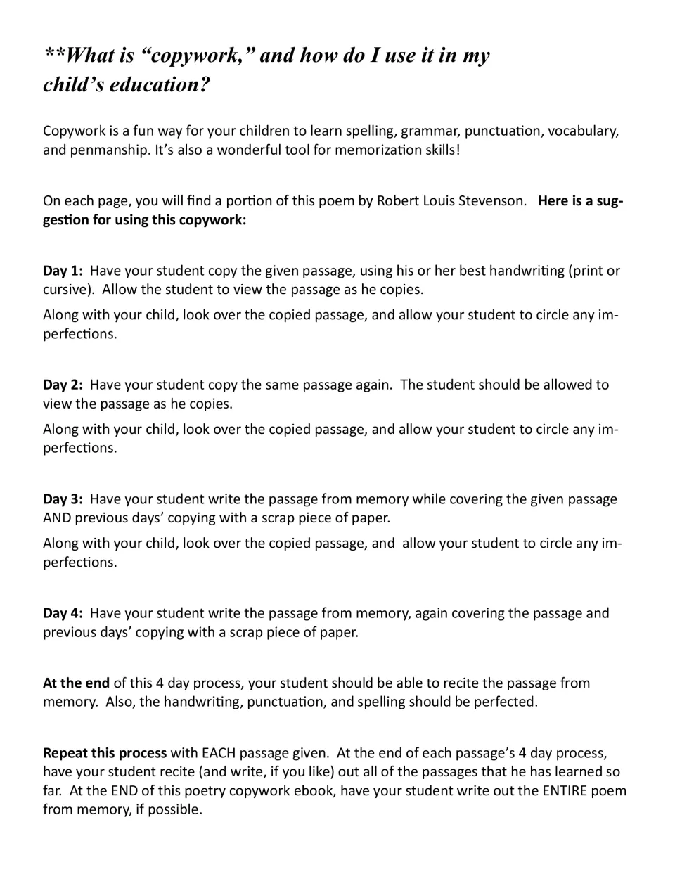 Copywork directions explain a four-day routine: copy a passage twice, then write it from memory twice.