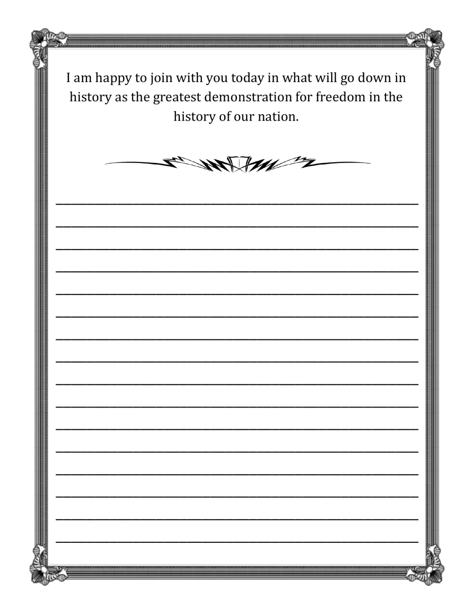 Opening speech copywork passage describes joining what will become a historic demonstration for freedom.