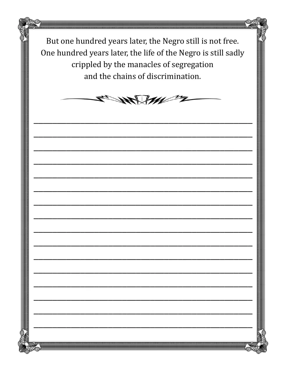 Fifth speech copywork passage repeats "One hundred years later" and addresses segregation and discrimination.