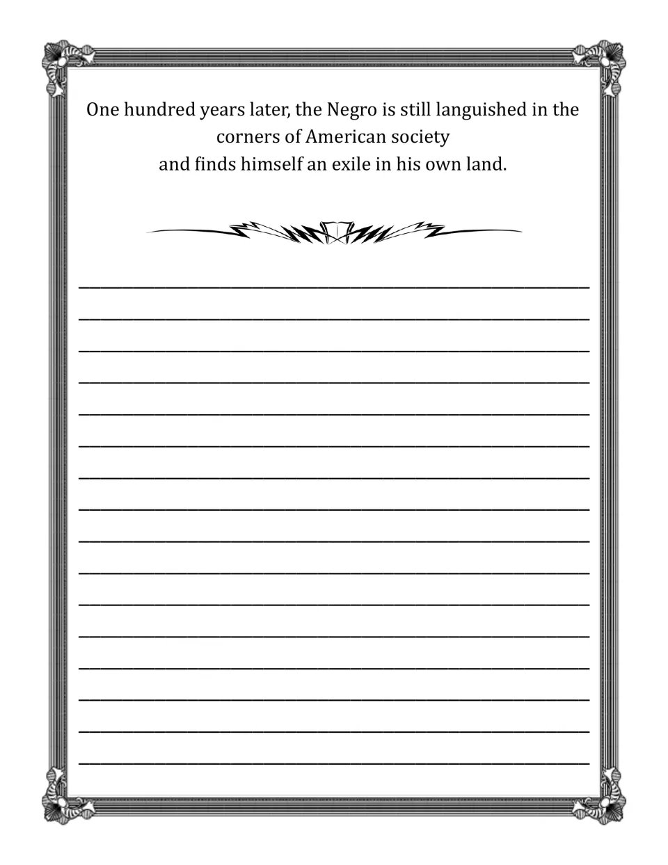 Seventh speech copywork passage describes exclusion from American society and being an exile in one's own land.