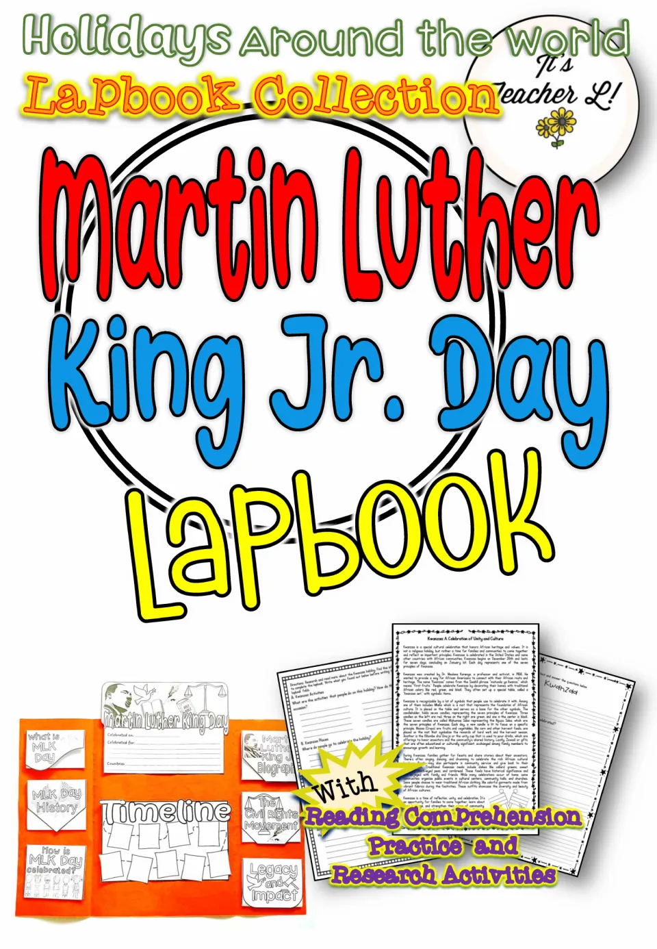 MLK Day lapbook cover from a Holidays Around the World series, showing the folded lapbook and reading and research pages