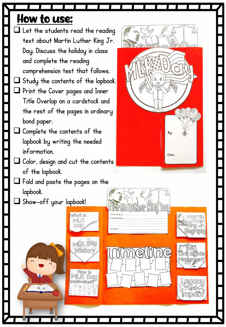 How to use: seven steps from reading the MLK Day text to printing, cutting, folding and pasting, with photos of the lapbook