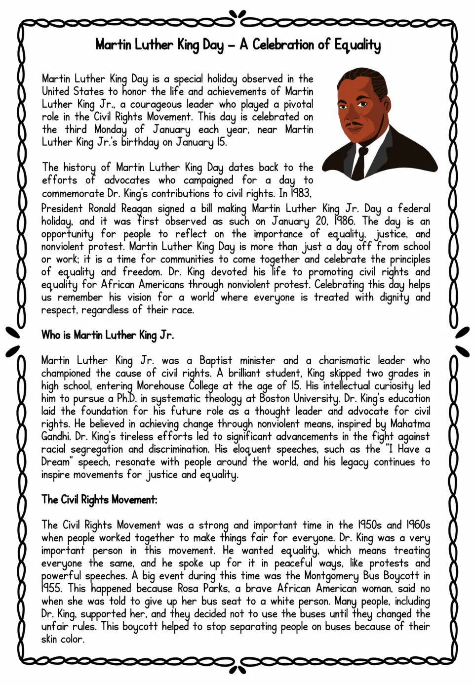Reading text on MLK Day as a celebration of equality, King's life and education, and the Civil Rights Movement bus boycott