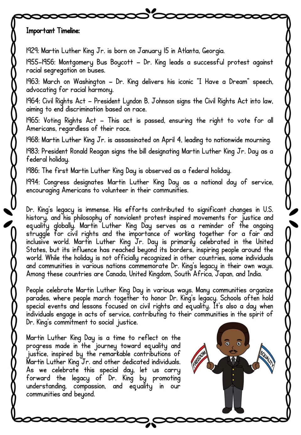 MLK timeline, 1929 birth to the 1994 national day of service, then text on his legacy and how people celebrate