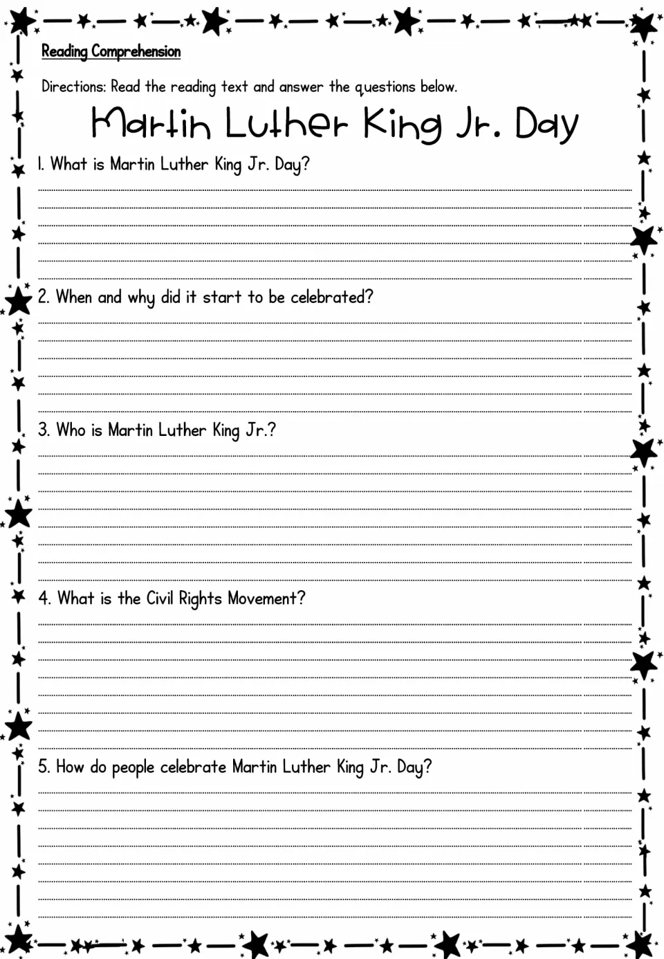 Reading comprehension: students answer five written questions on MLK Day, who King was, and the Civil Rights Movement