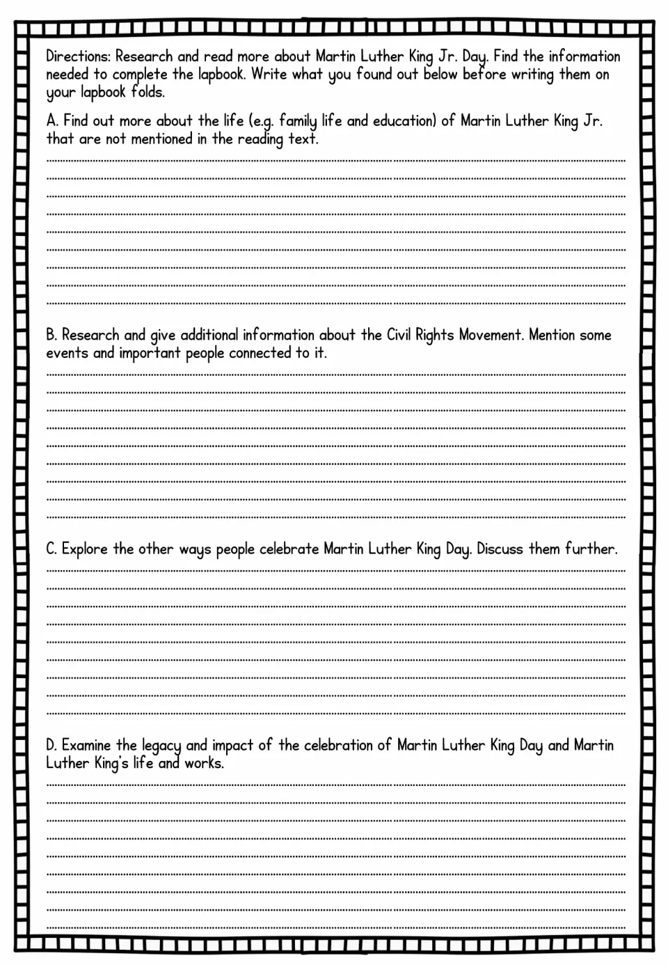 Research notes: students look up King's family life and education, civil rights events, ways to celebrate, and his legacy