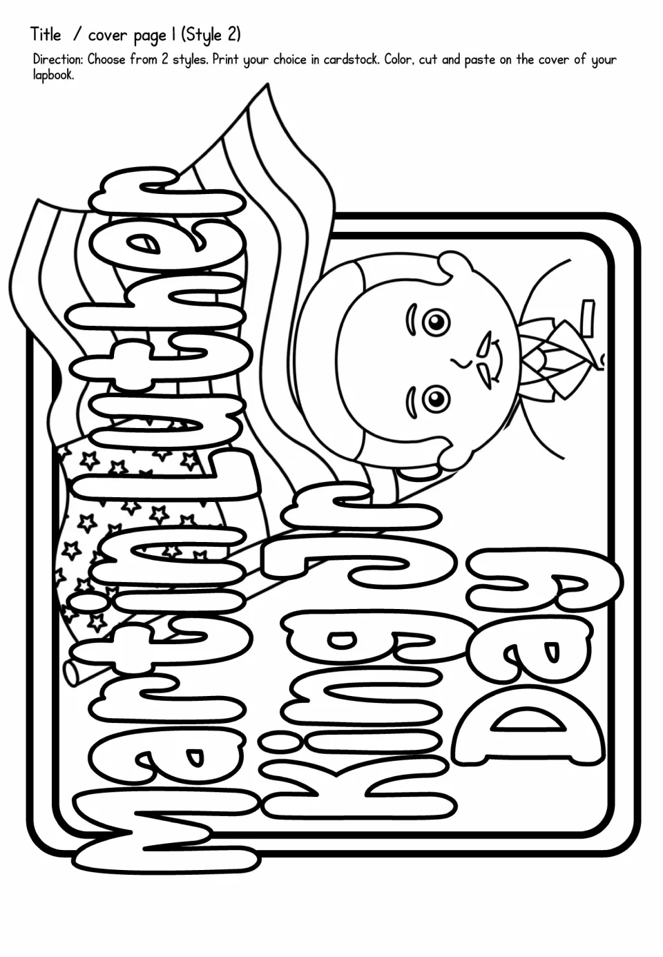 Lapbook cover piece, style 2: Martin Luther King Day lettering over a cartoon King and US flag to color and cut