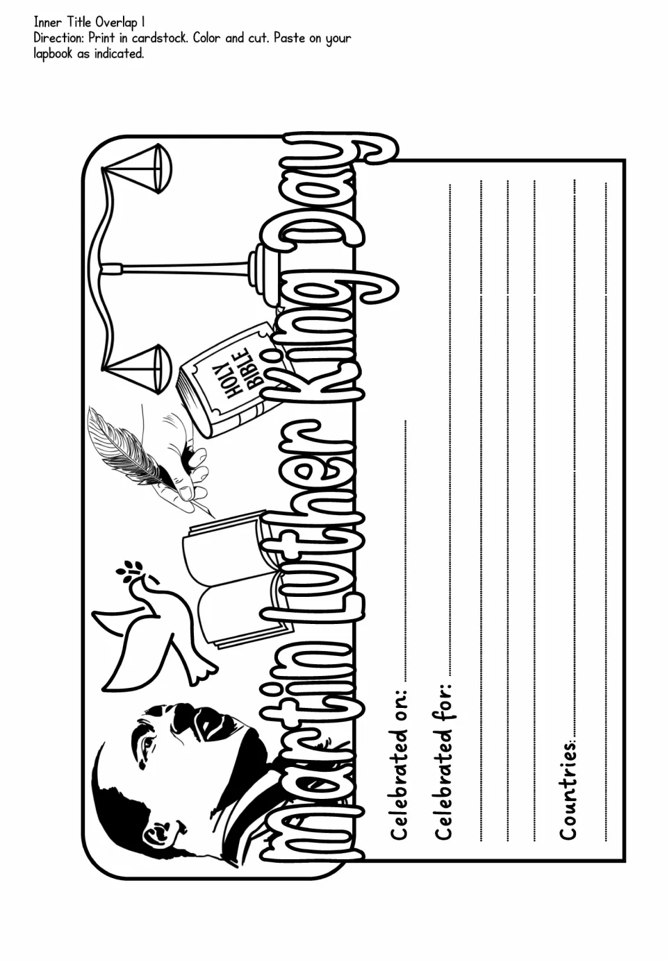 Inner title flap: Martin Luther King Day with scales, Bible and dove; students note when, why and where it is celebrated