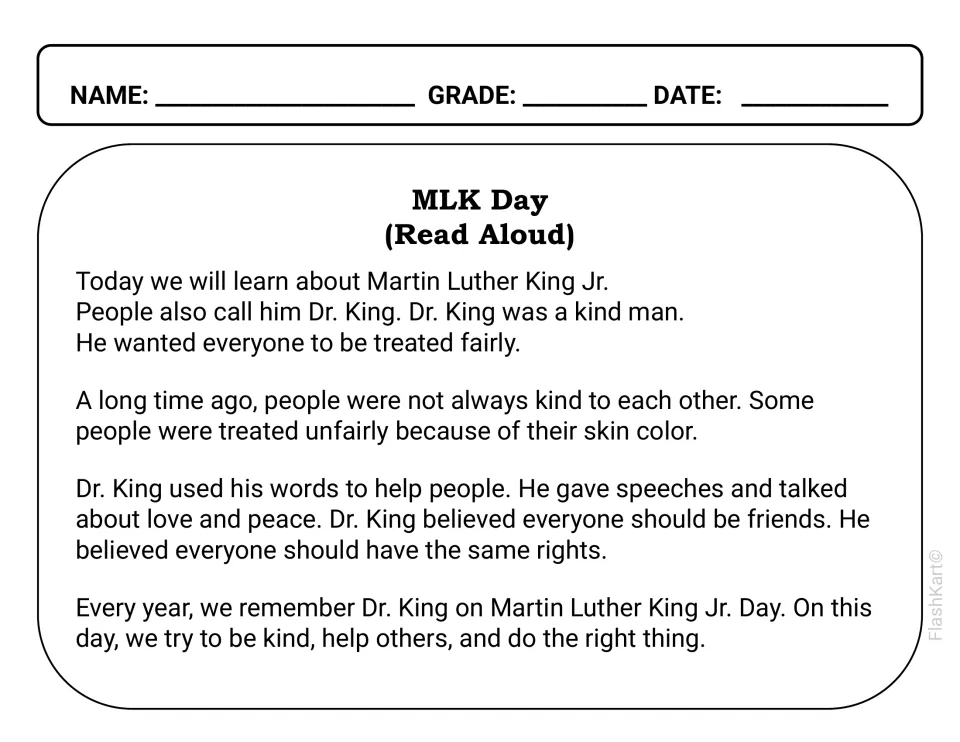 MLK Day read-aloud passage about Dr. King using his words to speak for fairness, love, peace and equal rights