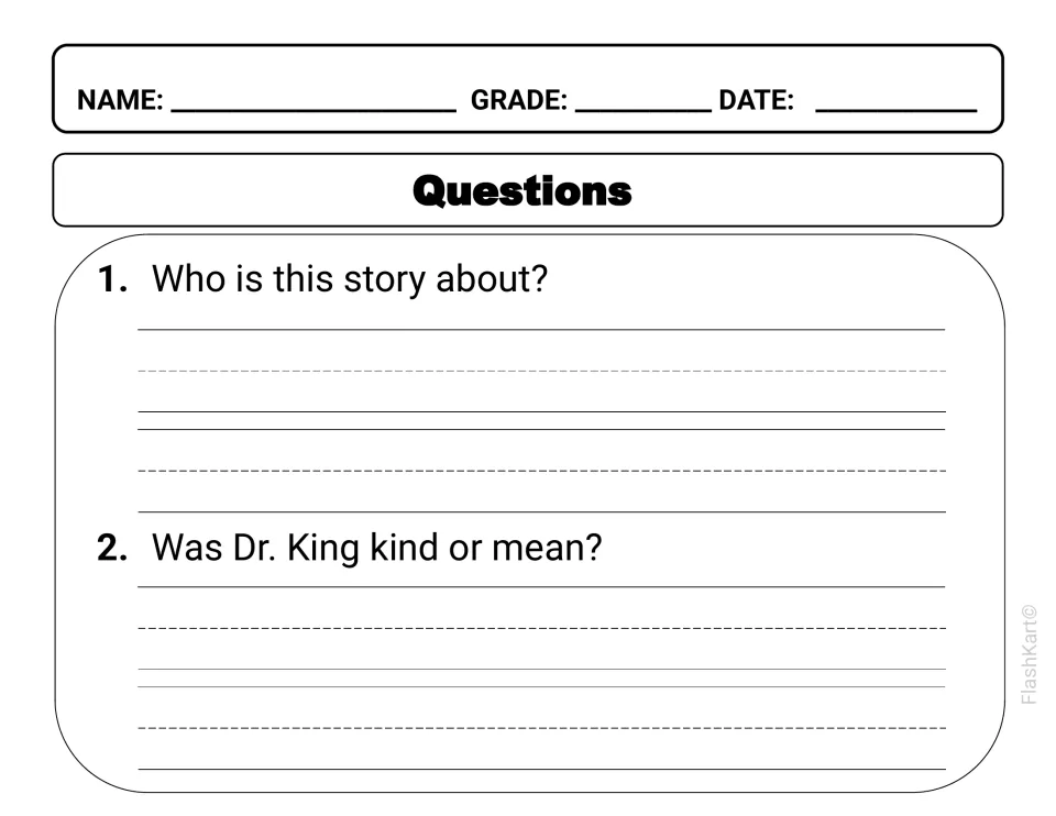 Comprehension questions on the MLK passage: students write who the story is about and whether Dr. King was kind or mean