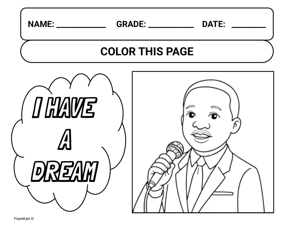 Coloring page: Dr. King speaking into a microphone beside 'I Have a Dream' in bubble letters inside a cloud