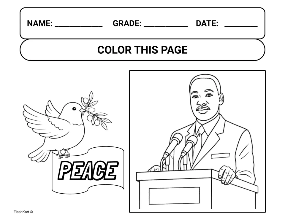Coloring page: Dr. King at a podium with microphones next to a dove holding an olive branch above a 'Peace' banner
