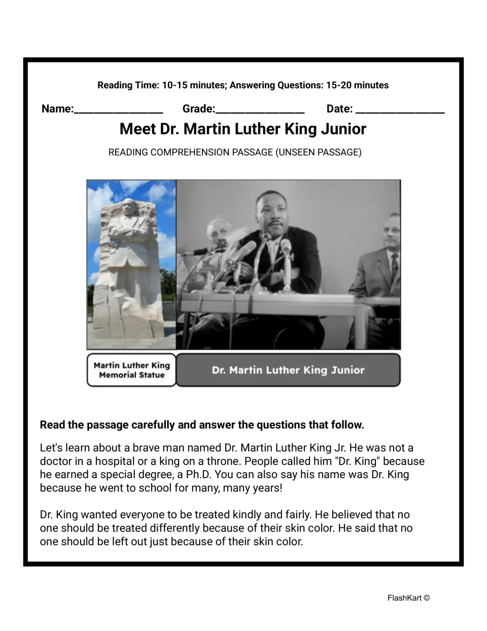 Meet Dr. Martin Luther King Junior reading passage opening with photos of Dr. King and his memorial statue, about fairness
