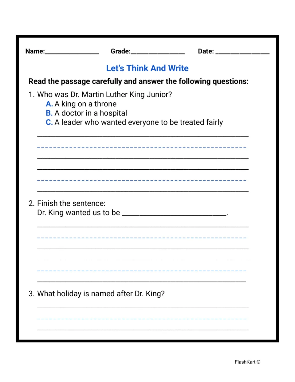 Let's Think And Write: students answer questions 1-3 on who Dr. King was, finish a sentence and name his holiday