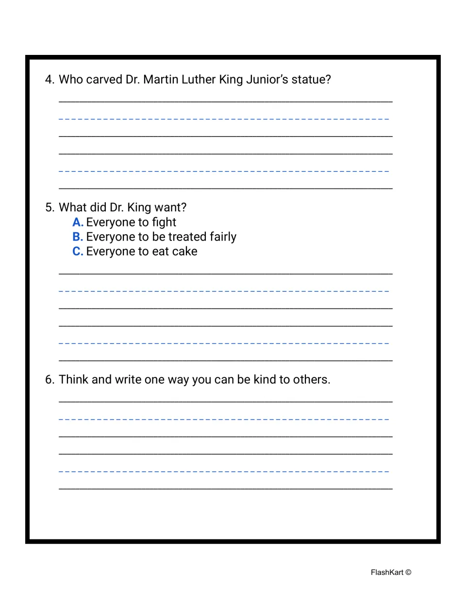 Comprehension questions 4-6: who carved Dr. King's statue, a multiple-choice item on what he wanted, and one way to be kind