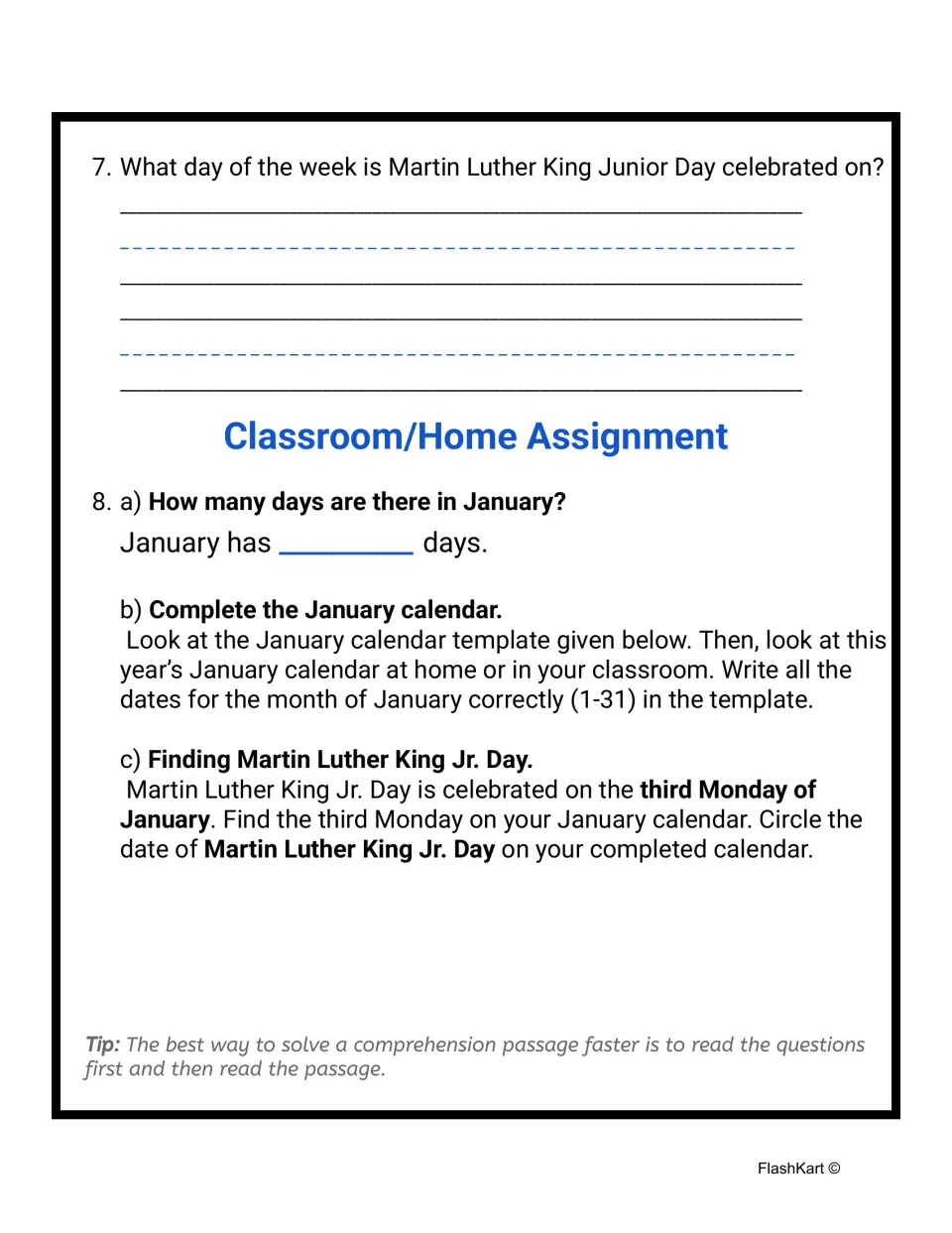 Question 7 on the weekday of MLK Day, then a calendar task: count January's days, fill in dates and circle the third Monday