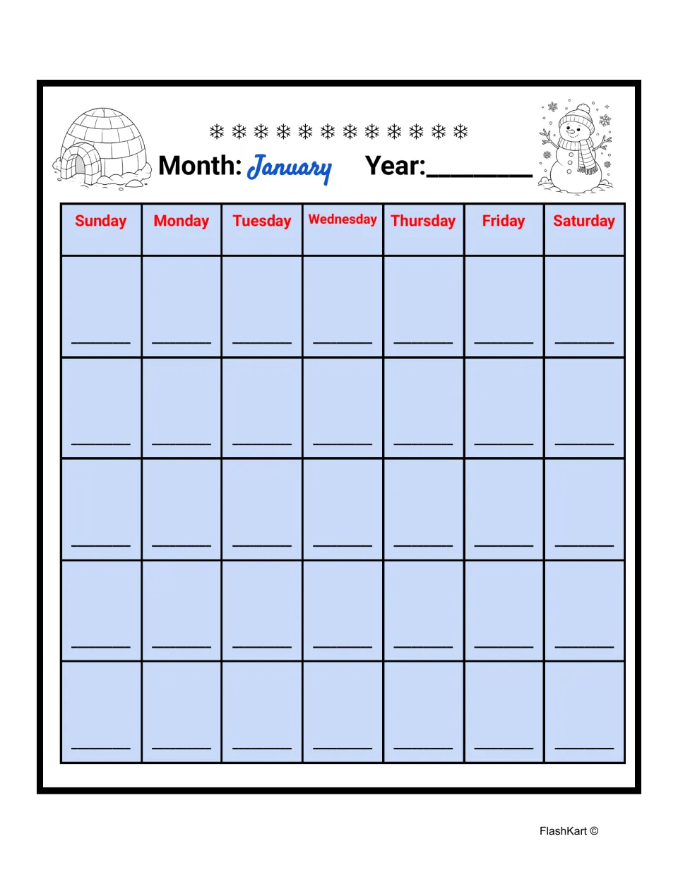 January calendar template with Sunday to Saturday headings and a year blank for students to write dates 1-31
