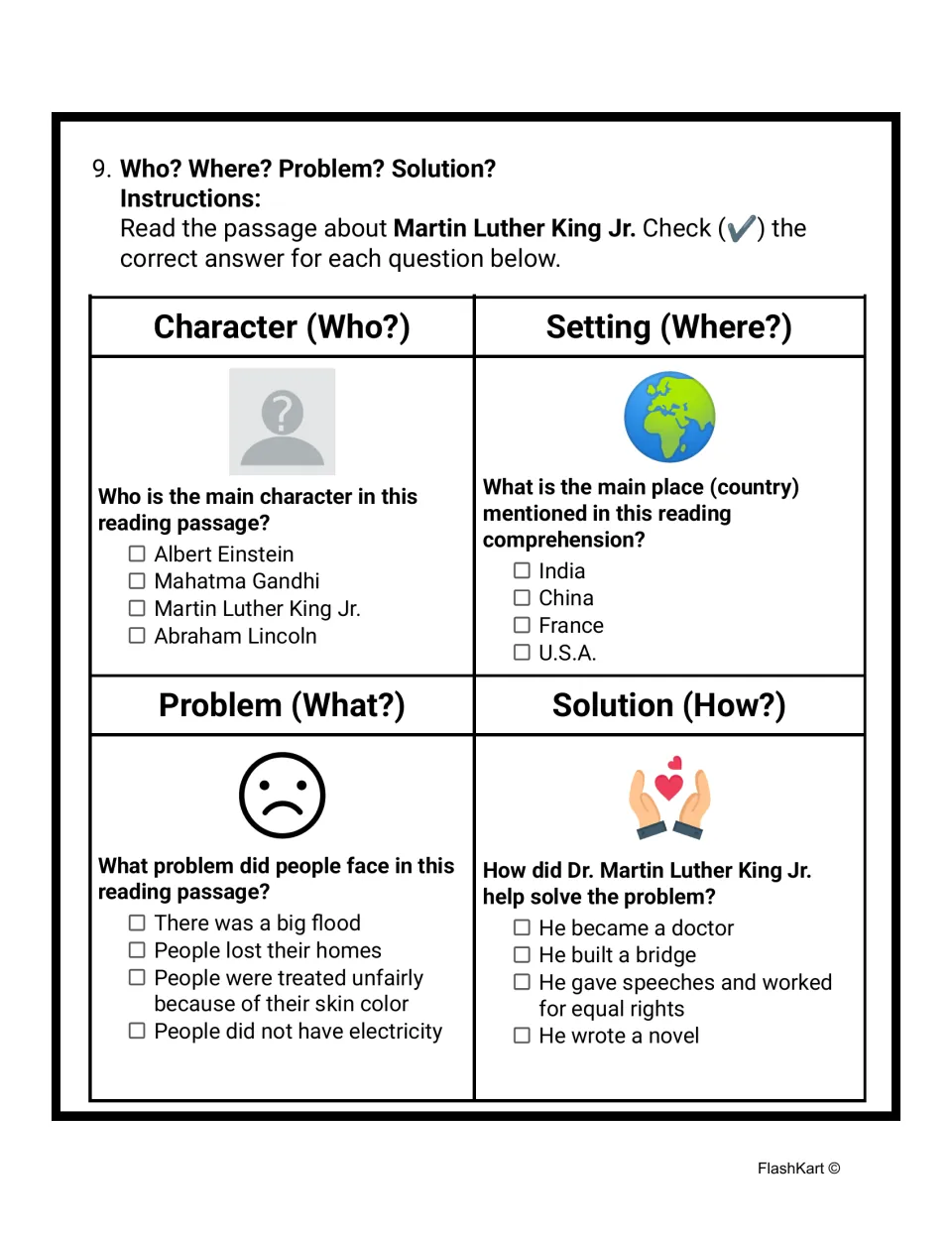 Story elements check: students tick the right character, setting, problem and solution from the passage about Dr. King