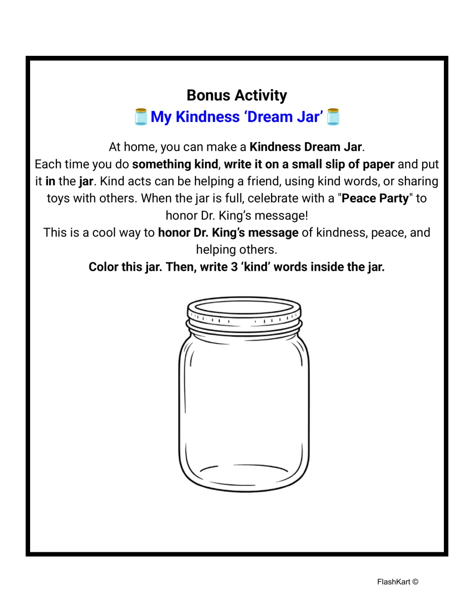 My Kindness Dream Jar bonus activity: students color a jar outline and write three kind words inside it to honor Dr. King