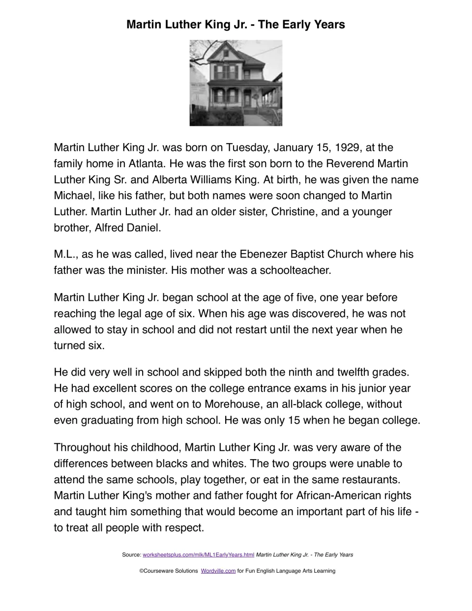 MLK's early years passage: his 1929 Atlanta birth, family, starting college at 15 and growing up with segregation