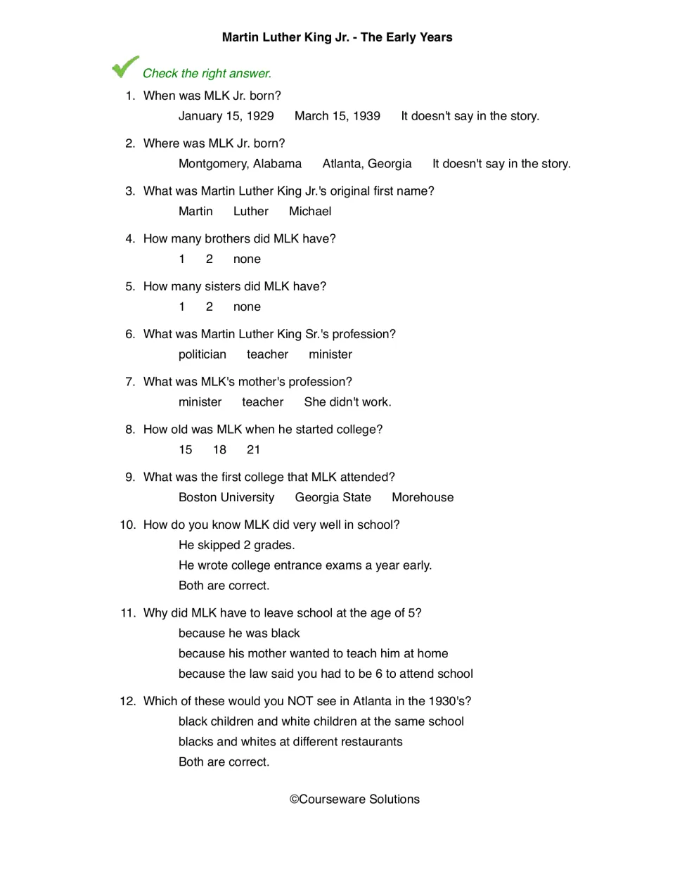 Early Years questions: students check the right answer in 12 multiple-choice items about MLK's birth, family and schooling
