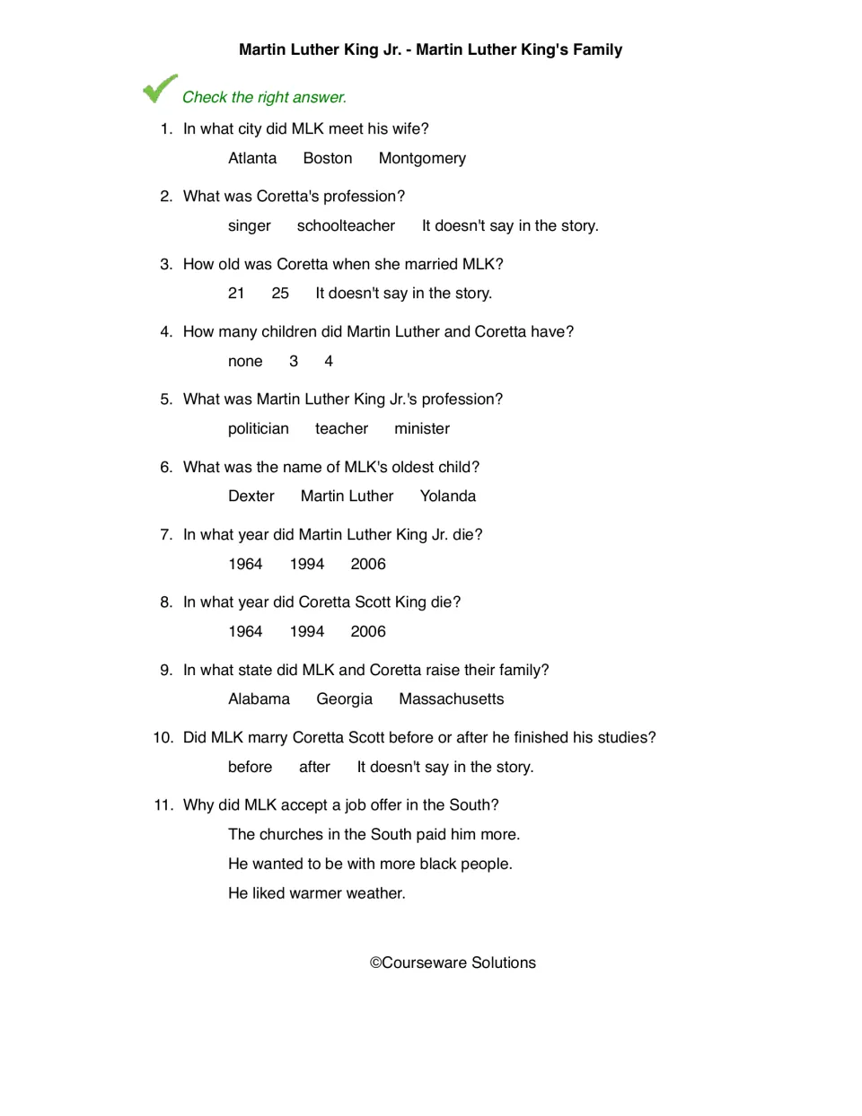 Family questions: students check the right answer in 11 items on Coretta Scott King, their children and life in Alabama