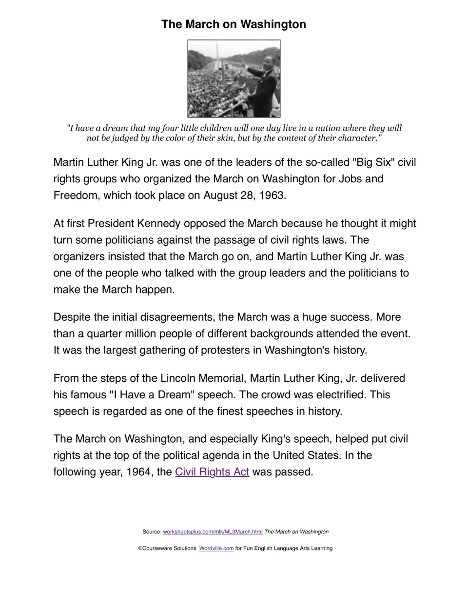 March on Washington passage: the 1963 march, the "I Have a Dream" speech at the Lincoln Memorial and the Civil Rights Act