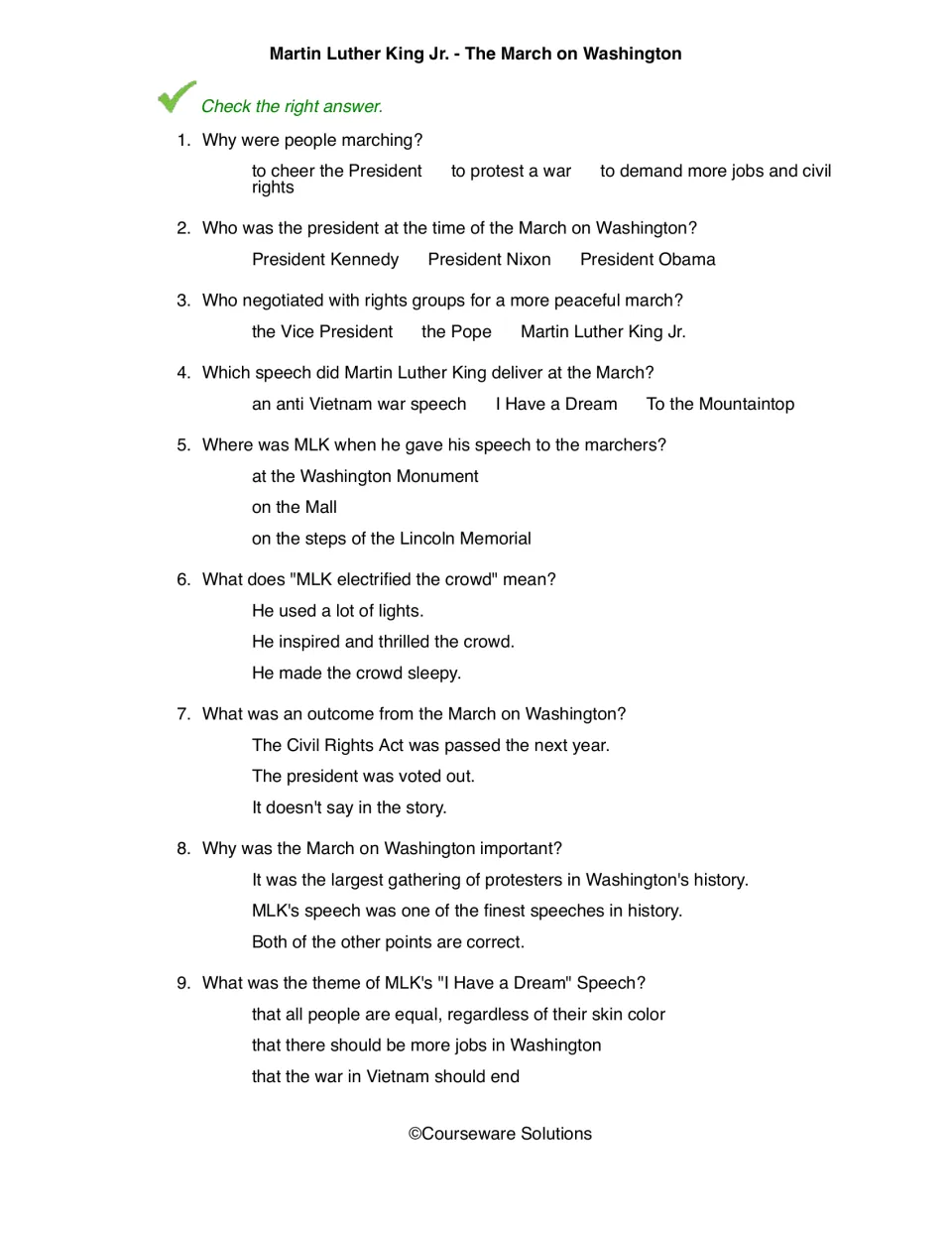 March on Washington questions: students answer 9 items on the march's purpose, MLK's speech, its theme and outcome