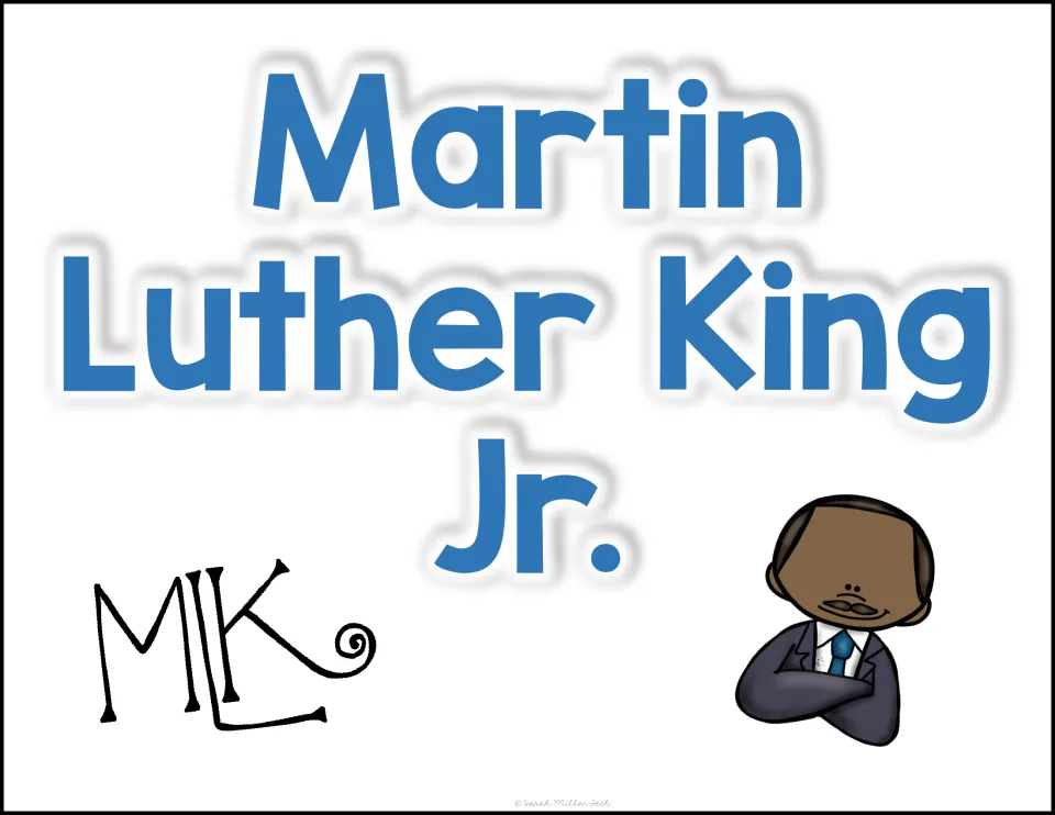 Martin Luther King Jr. cover showing the title, MLK initials and a clip-art portrait of King with his arms crossed