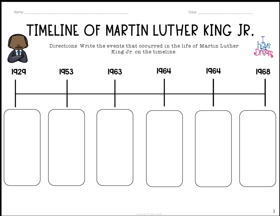 MLK timeline sequencing: students write the life event for each date, 1929, 1953, 1963, 1964, 1964 and 1968
