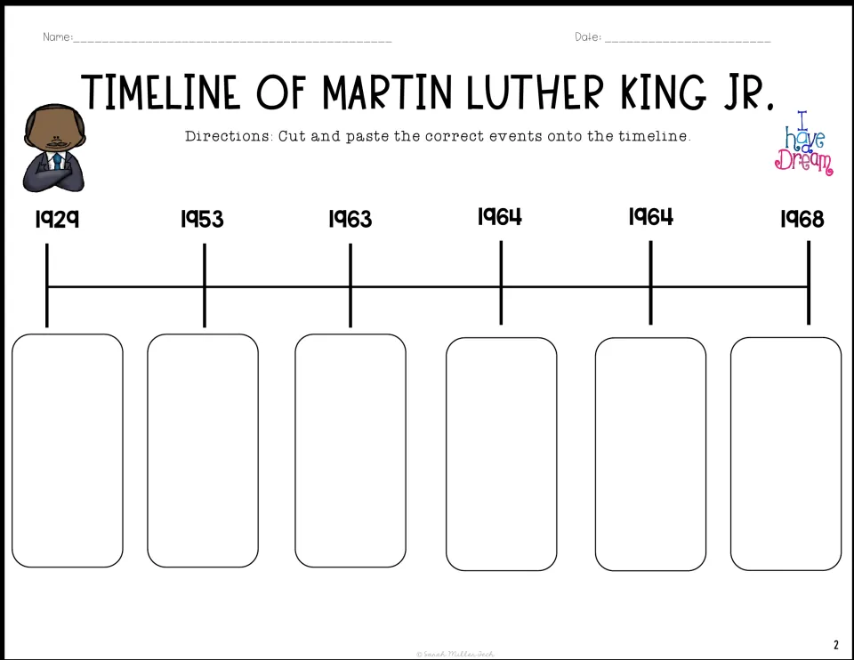 MLK timeline sequencing: students glue cut-out event cards under the dates from 1929 to 1968 in the order they happened