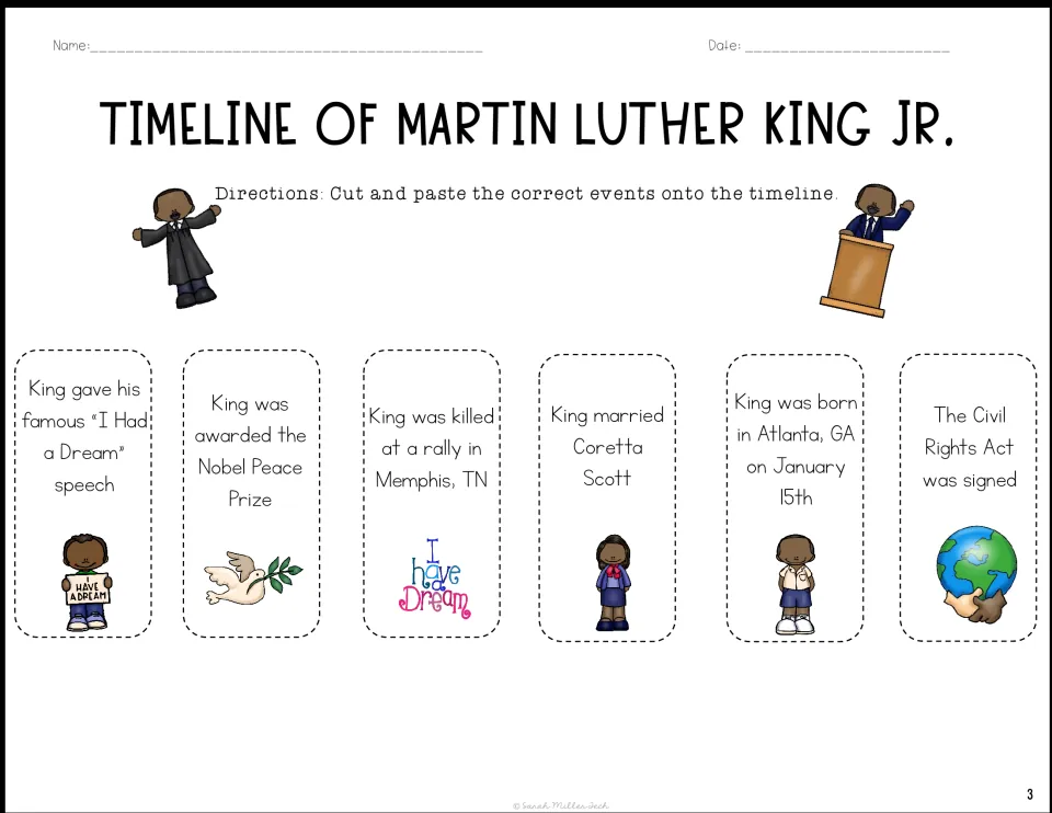 Cut-out event cards: King's birth, marriage to Coretta Scott, Dream speech, Nobel Peace Prize, Civil Rights Act and death