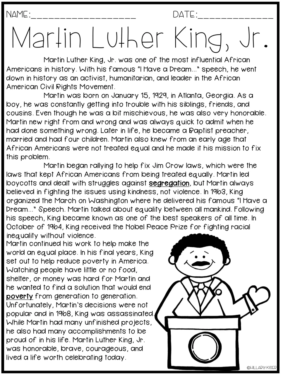 MLK biography passage: students read about his childhood, Jim Crow laws, March on Washington, Nobel Prize and poverty work