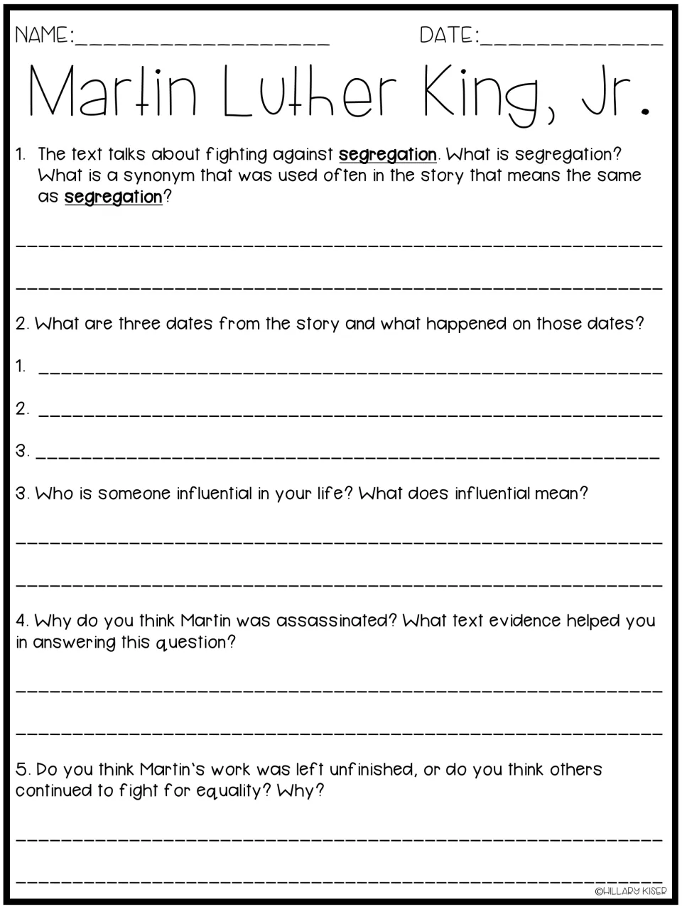 Reading questions on Dr. King's life: students define segregation, find a synonym, list three dates and cite text evidence