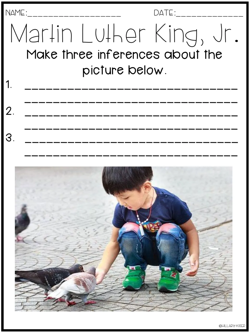 Inference practice: students study a photo of a young boy feeding pigeons and write three inferences about what they see