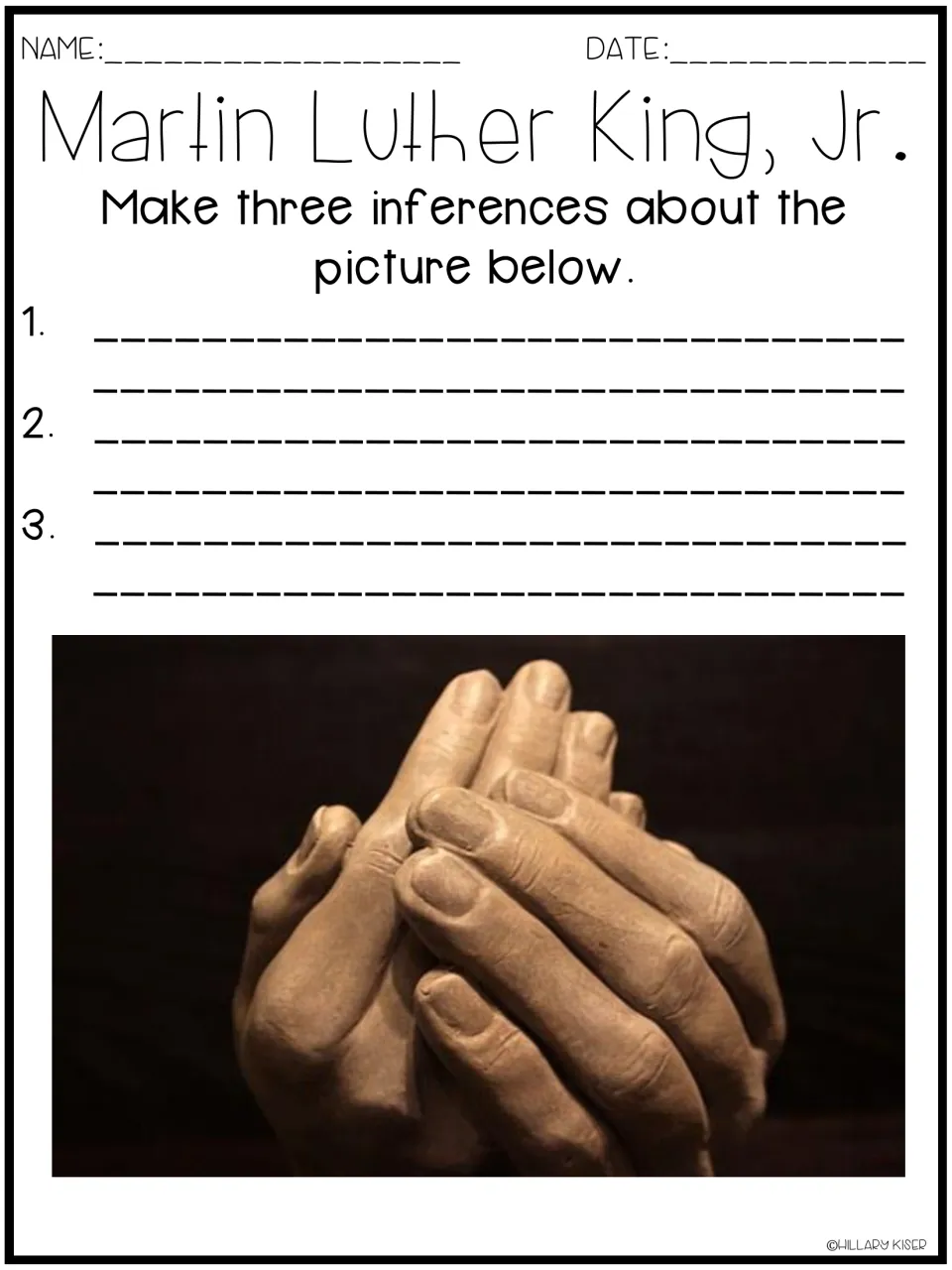 Inference practice: students look closely at a photo of two clasped hands and write three inferences about the image