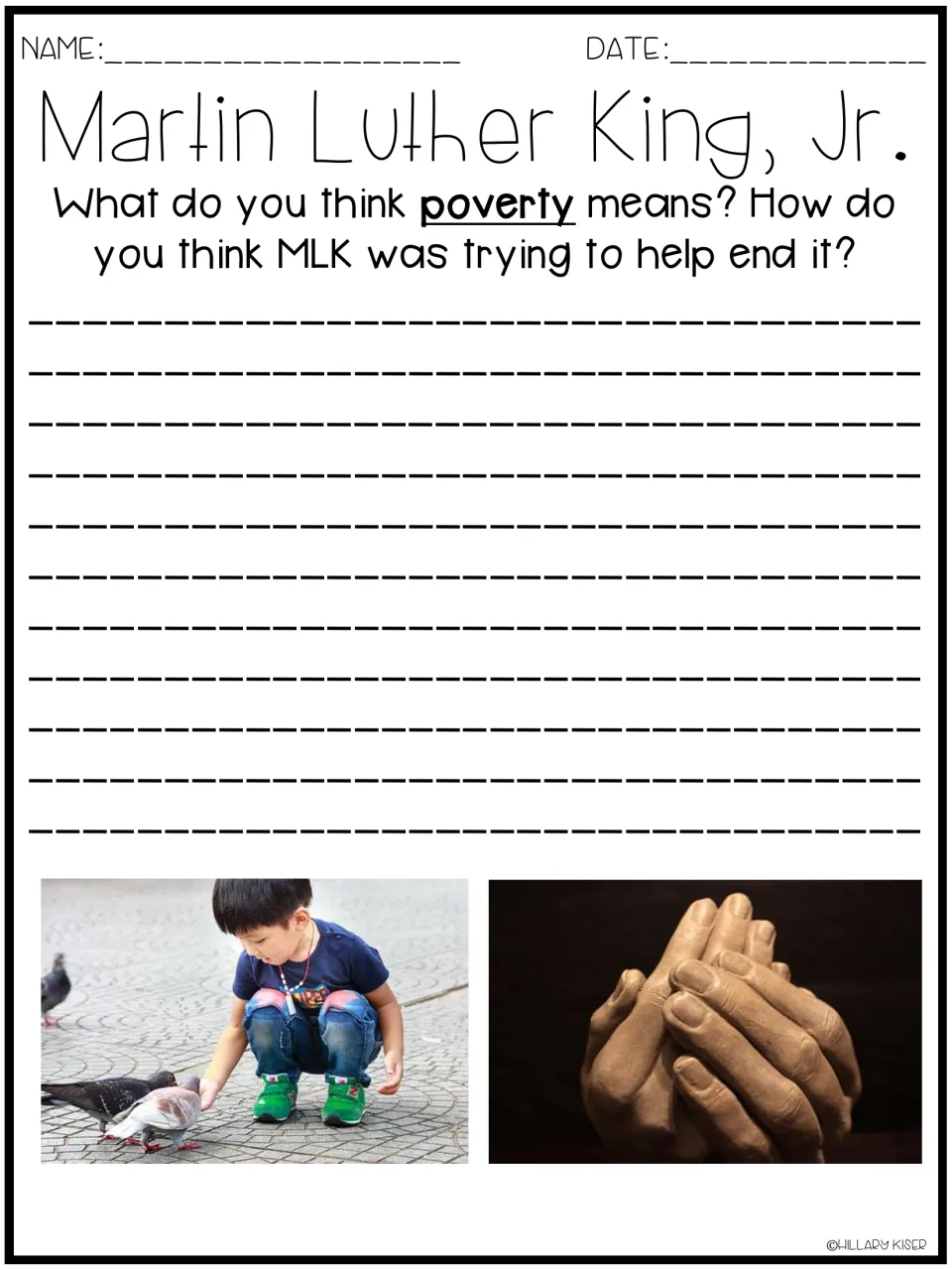 Poverty writing prompt: students explain what poverty means and how Dr. King tried to end it, shown beside both photos