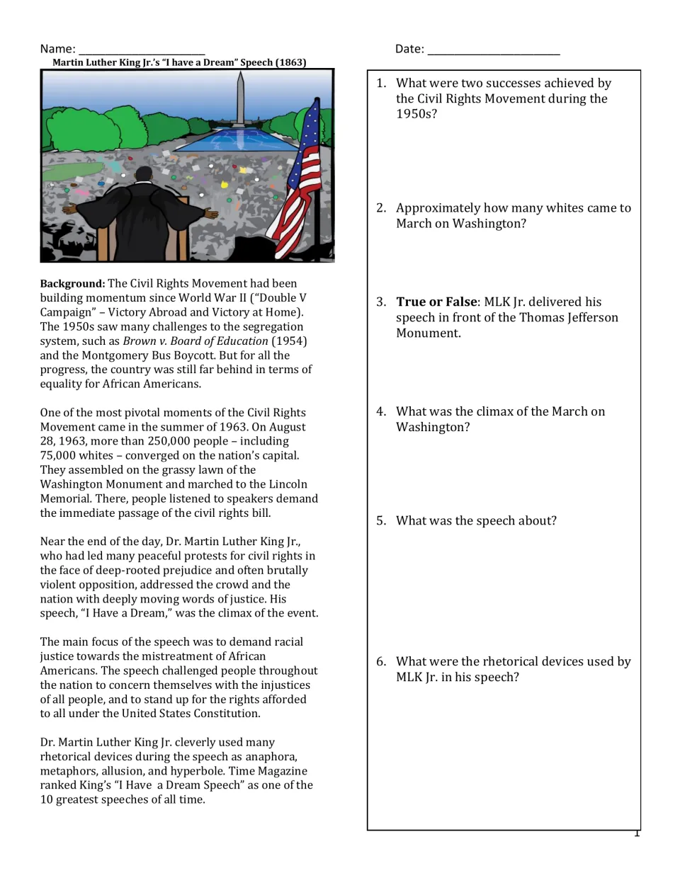 March on Washington background reading: students read about the 1963 march and answer six questions on MLK Jr.'s speech