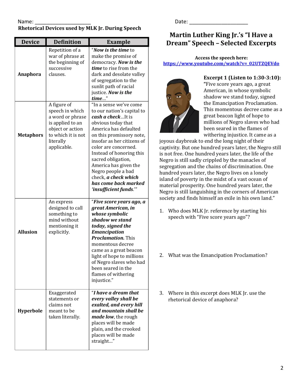 Rhetorical devices chart defining anaphora, metaphor, allusion and hyperbole, plus Excerpt 1 with three analysis questions