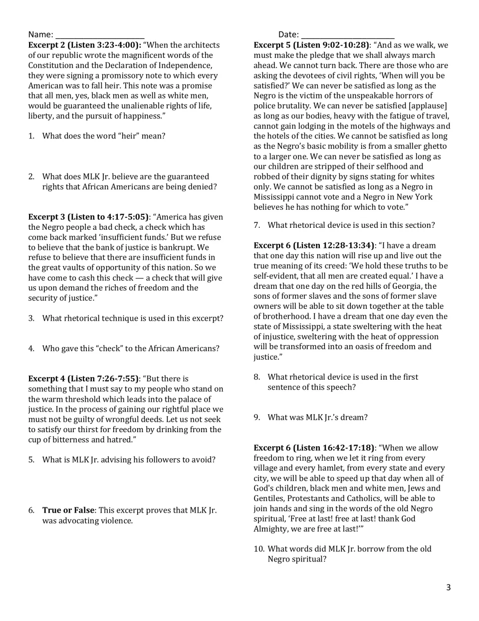 Speech excerpts 2 through 6 with timestamps: students identify rhetorical devices and explain meaning in questions 1-10