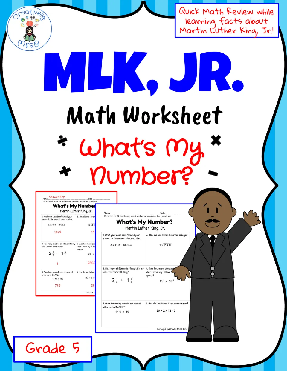 Cover for a Grade 5 math trivia worksheet about Martin Luther King, Jr., titled "What's My Number?"