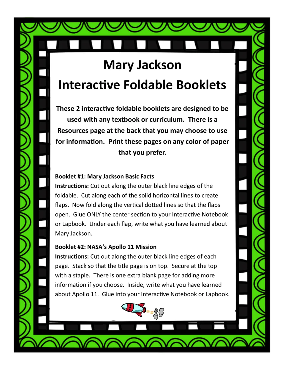 Assembly directions for two booklets: a flap foldable on Mary Jackson basic facts and a stapled Apollo 11 mission booklet