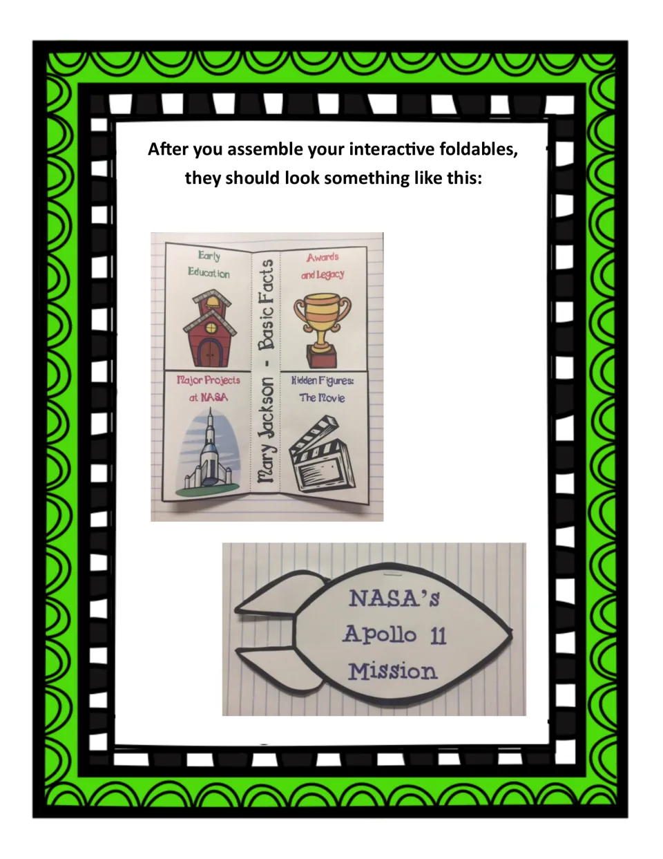 Finished examples in a notebook: the four-flap Mary Jackson Basic Facts foldable and the rocket-shaped Apollo 11 booklet
