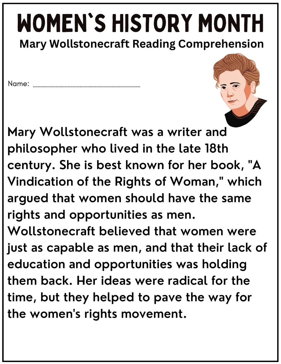 Mary Wollstonecraft reading passage: students read about her book A Vindication of the Rights of Woman and her ideas