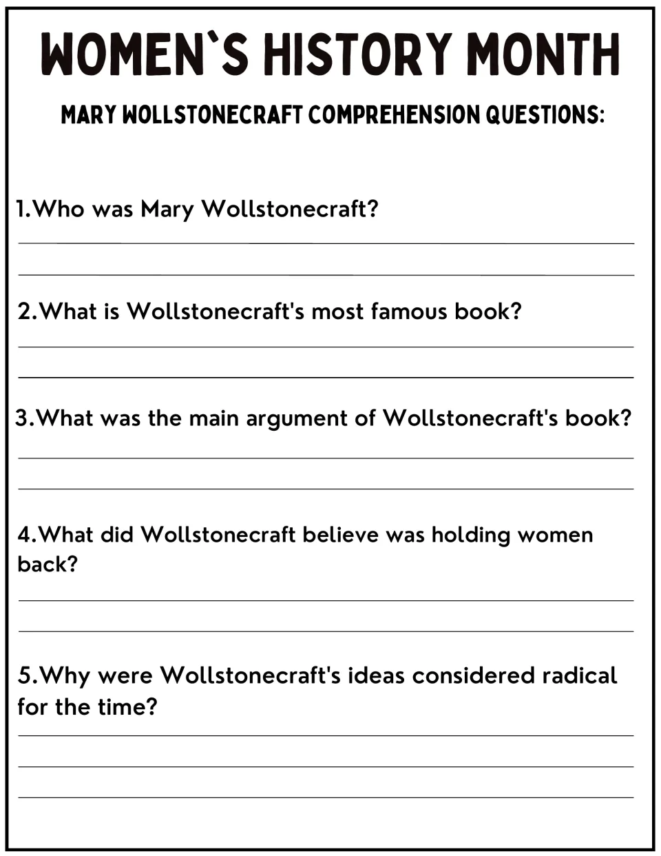 Wollstonecraft comprehension questions: students write answers to 5 questions on her life, famous book and radical ideas