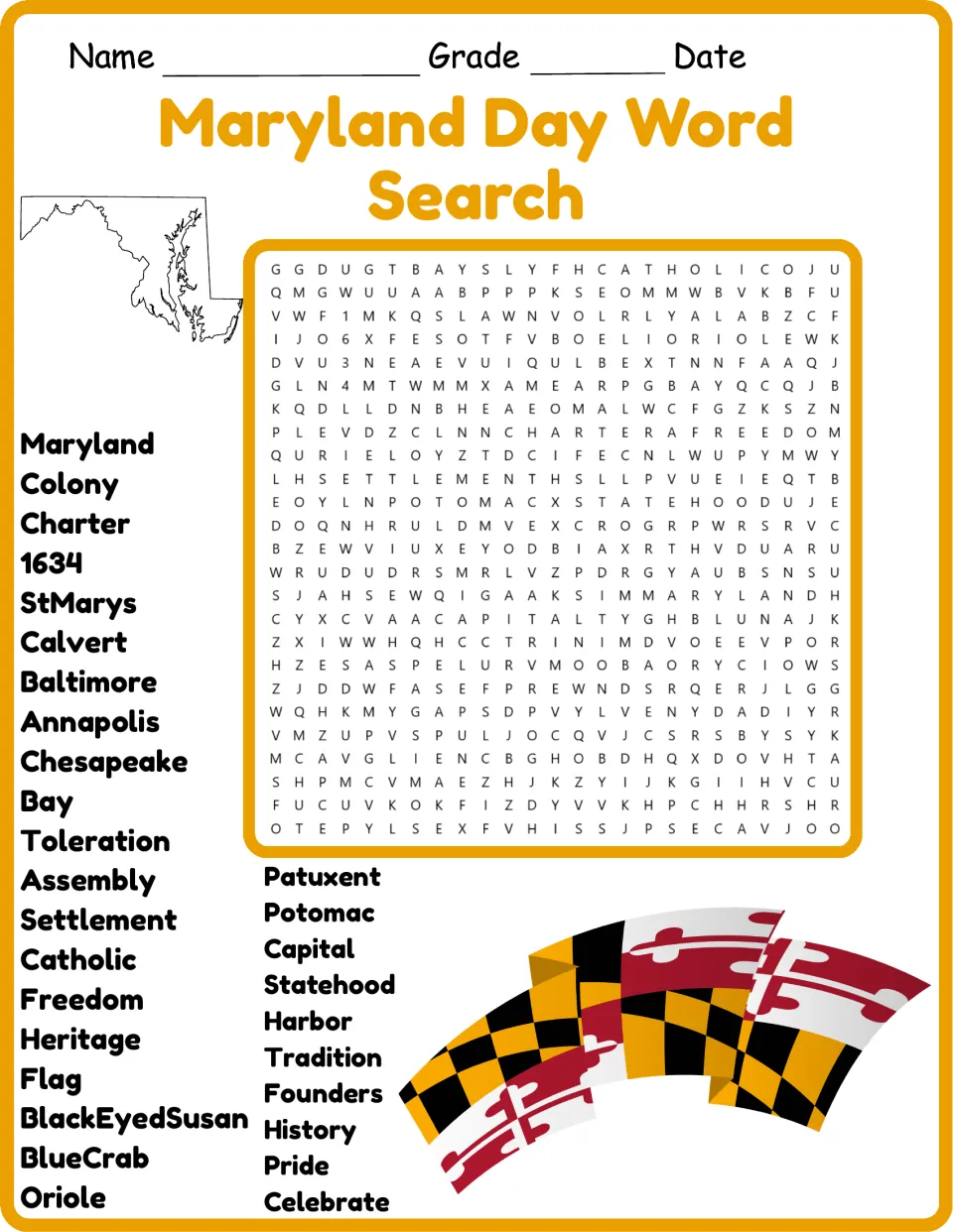 Color Maryland Day word search with 30 terms, including Colony, Charter, 1634, StMarys, and Chesapeake