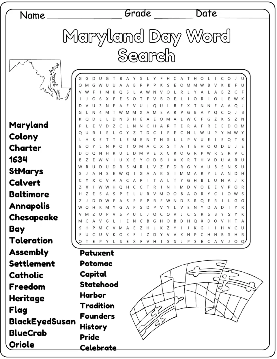 Black-and-white version of the 30-word puzzle, including Calvert, Baltimore, Annapolis, and Patuxent