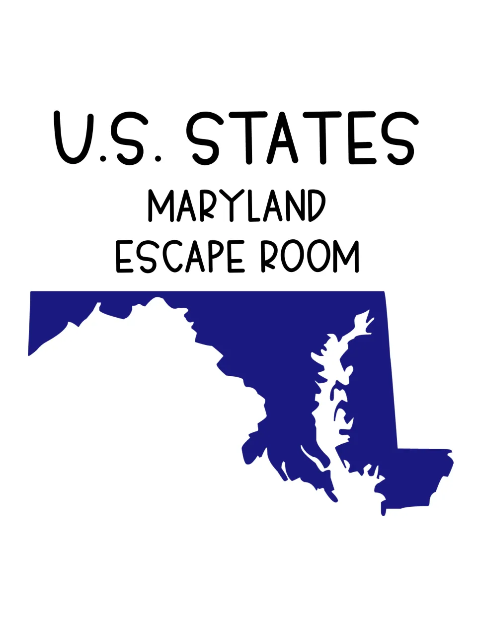 Cover of the Maryland digital escape room, showing the heading 'U.S. States' and a silhouette of Maryland