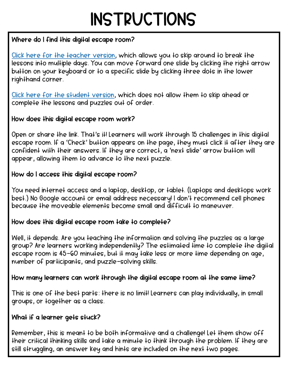 Escape room instructions explain teacher and student links, 15 challenges, device needs, and answer checking